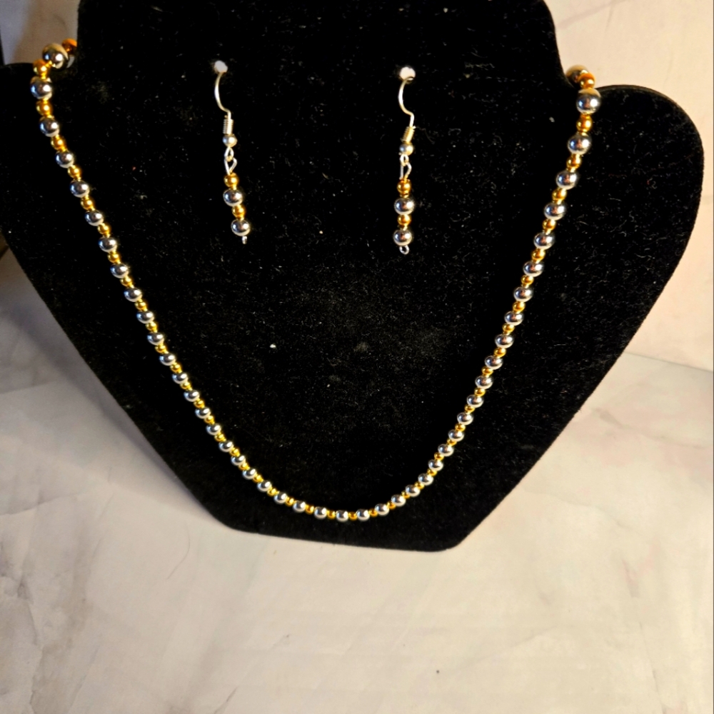 Handcrafted Silver & Gold plated Necklace & Pierced earrings Set